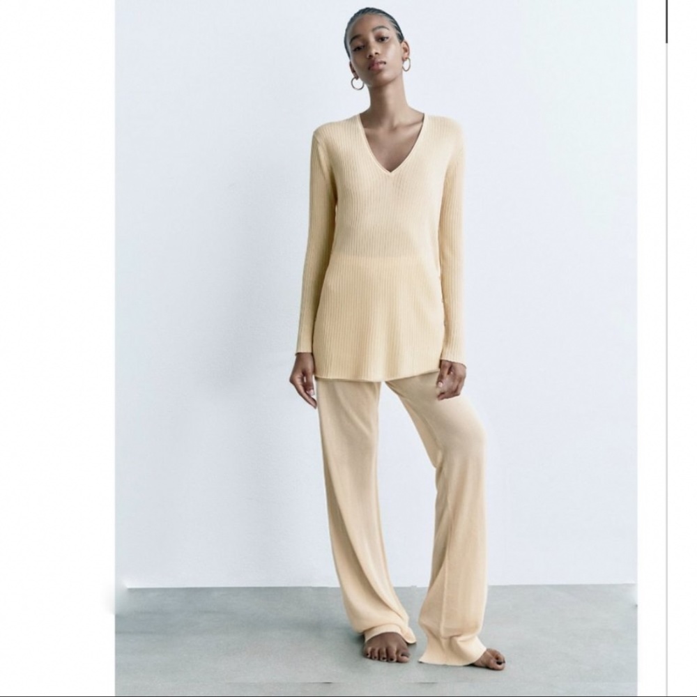 NWT ZARA 2 PIECES LONG RIB KNIT TOP + RIBBED HEM KNIT PANTS ECRU